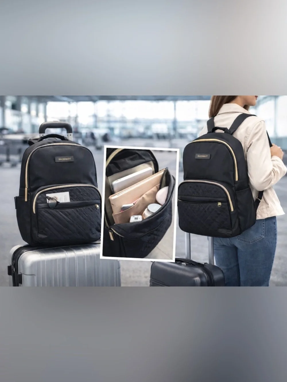 Black Quilted Travel Backpack with Gold Trim